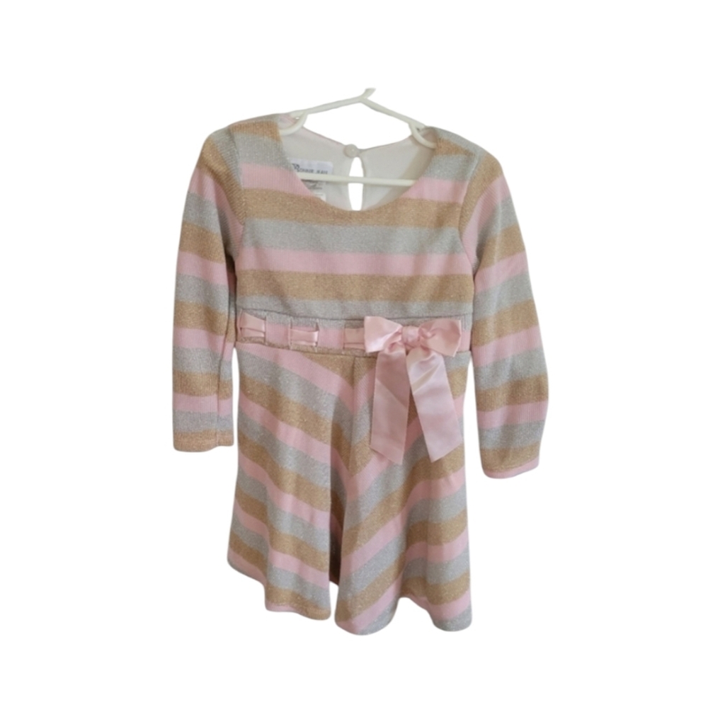 Bonnie Jean Striped Gold Silver Pink Long Sleeve Sweater Dress Size 4 Girls